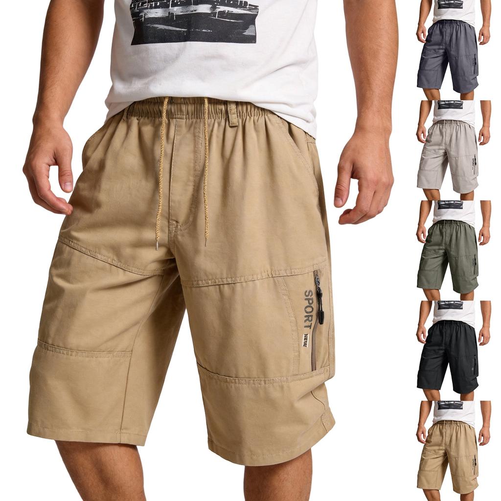 Men's Loose Fit Knee Length Cargo Shorts with Elastic Waistband and Multiple Pockets for Everyday Wear Outdoor Activities