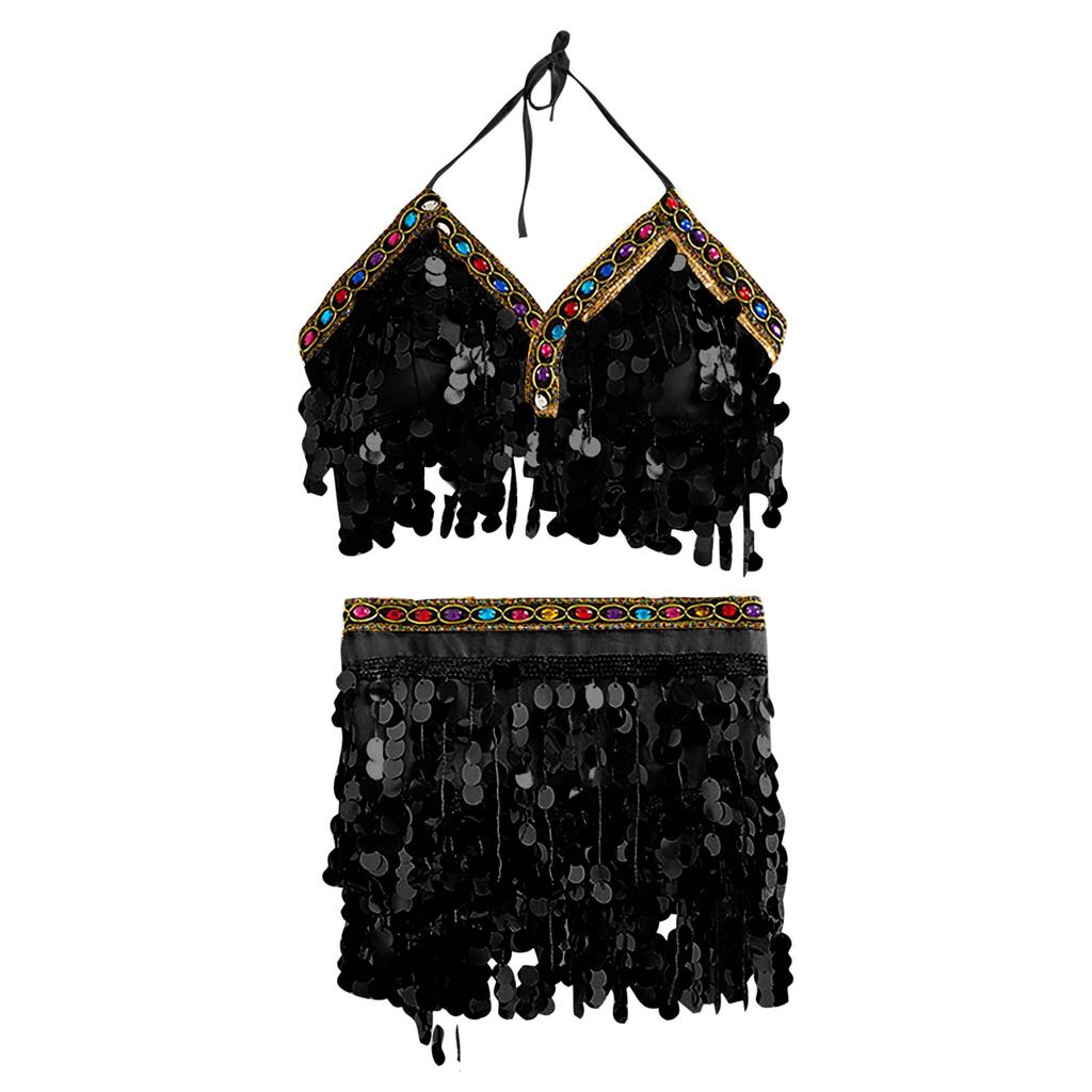2 Pieces, Bra With Sequined Tassels, Fringed Top, Belly Dance Skirt, Carnival, Club, Costumes