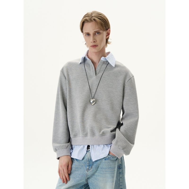 Kisko American-Style High-Fashion Two-Piece Spliced V-Neck Gray Sweatshirt for Men and Women, Niche Design, Loose Casual Top