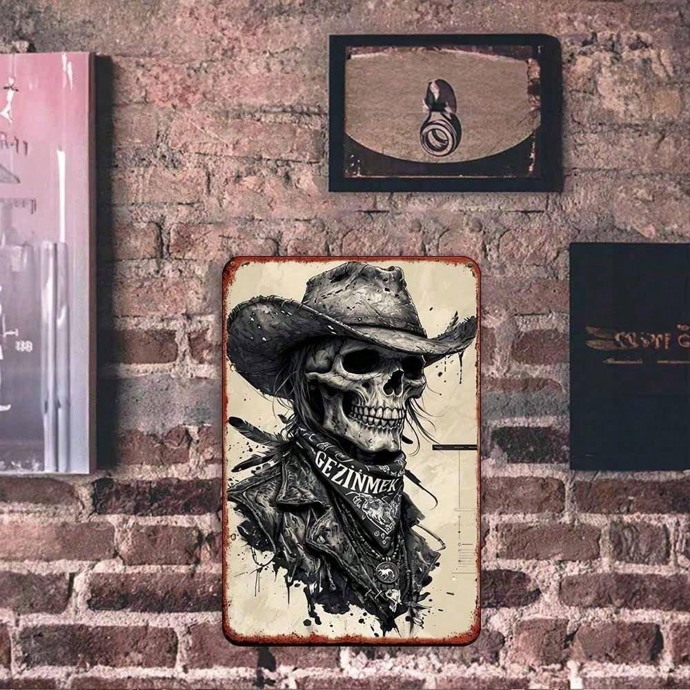 Vintage Skull Cowboy Tin Sign Rustproof UV Resistant Metal Wall Art Retro Farmhouse Home Decor 2D Flat Unframed