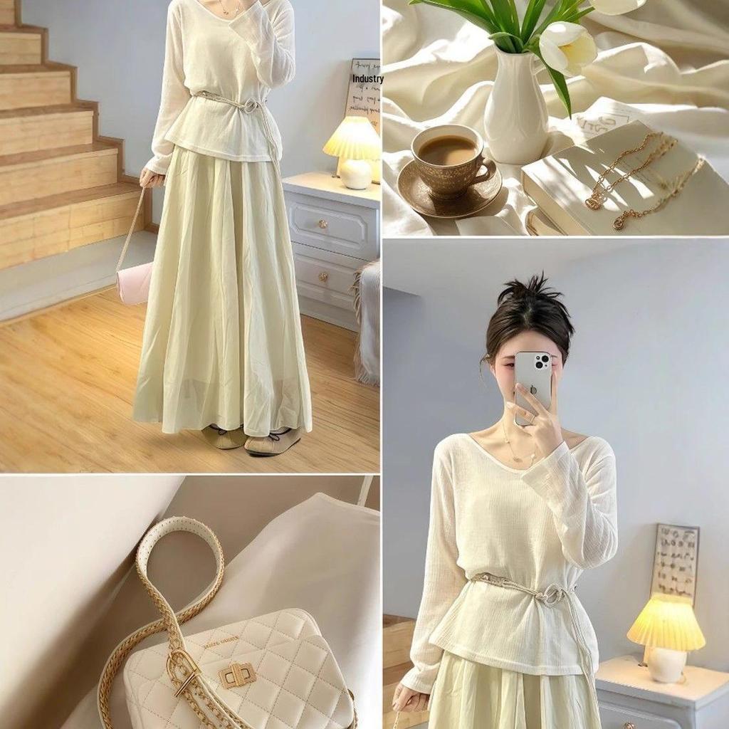 Plus Size Korean Style Women's Outfit: Elegant Lambswool Top and Skirt Set for Early Spring
