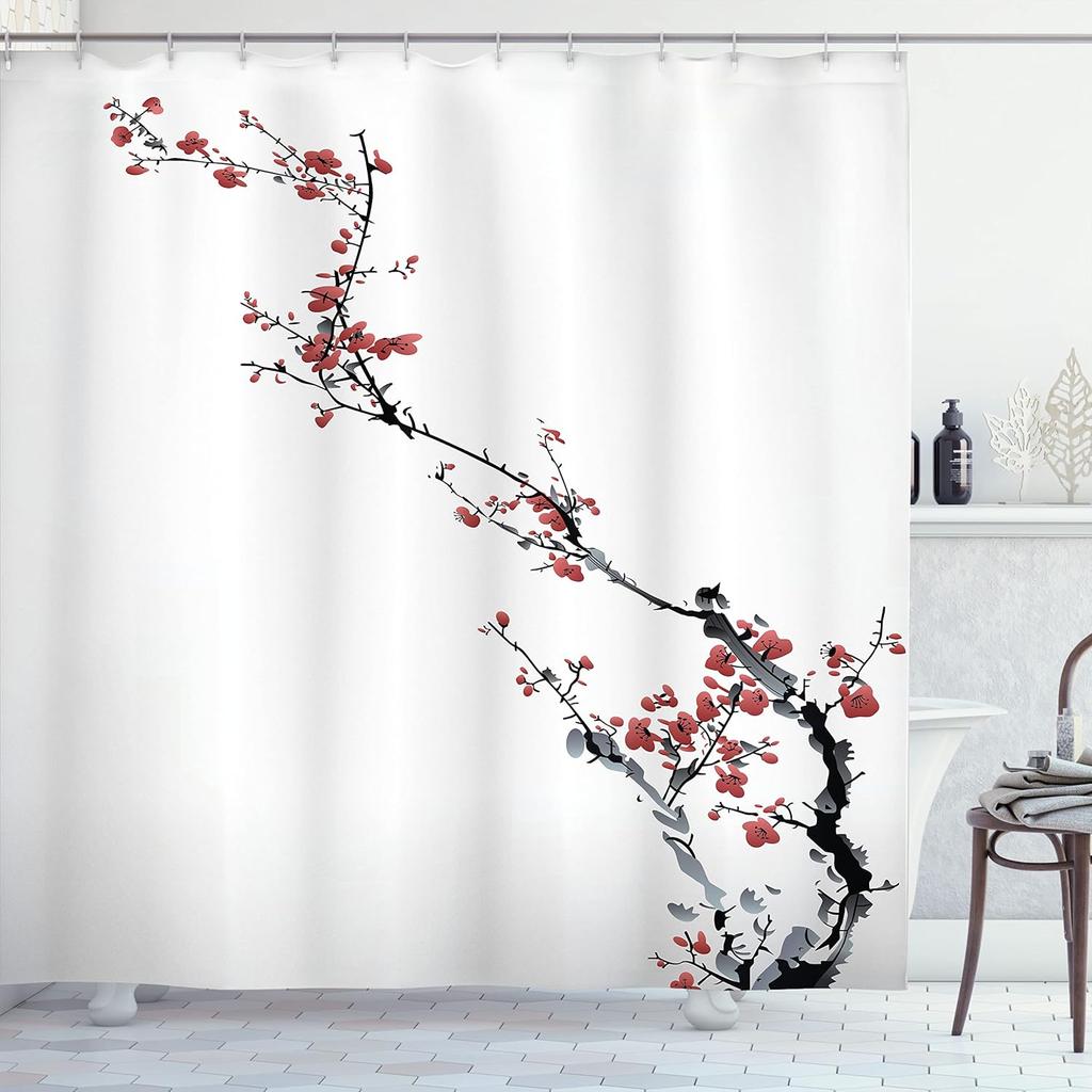 Watercolor Cherry Blossom Shower Curtain Classic Sakura Branch Art Bathroom Decor with Hooks 71x71in 118x71in