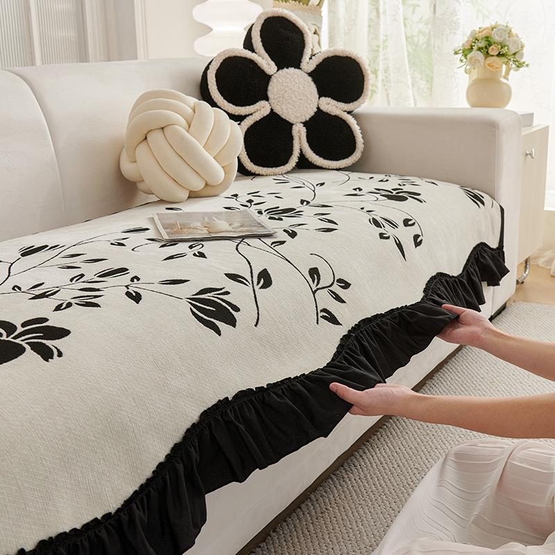 Irregular Special-Shaped Sofa Cushion, Universal Non-Slip Seat Cushion For All Seasons, Chenille French Retro Skirt, Straight-Row Cover