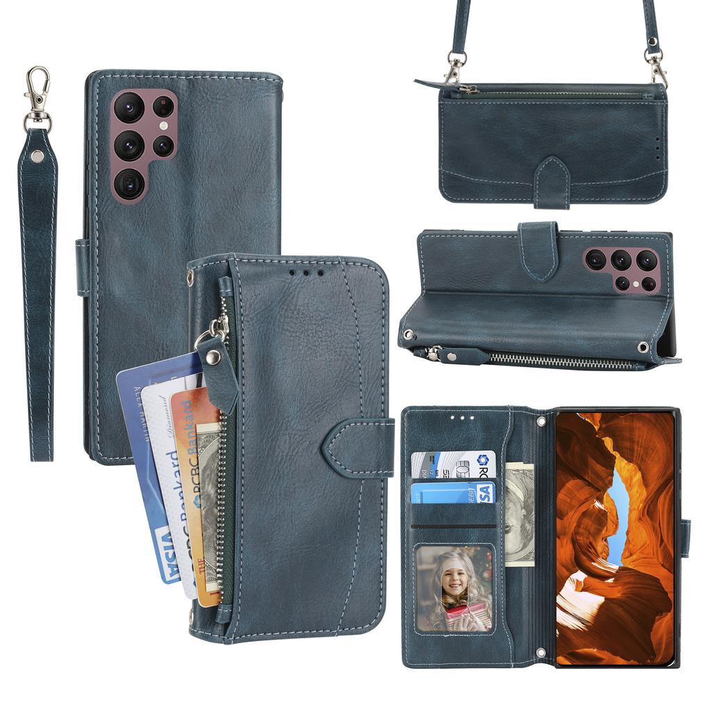 For Samsung Galaxy S26 Ultra Case Zipper Pocket Leather Phone Cover with Crossbody Shoulder Strap
