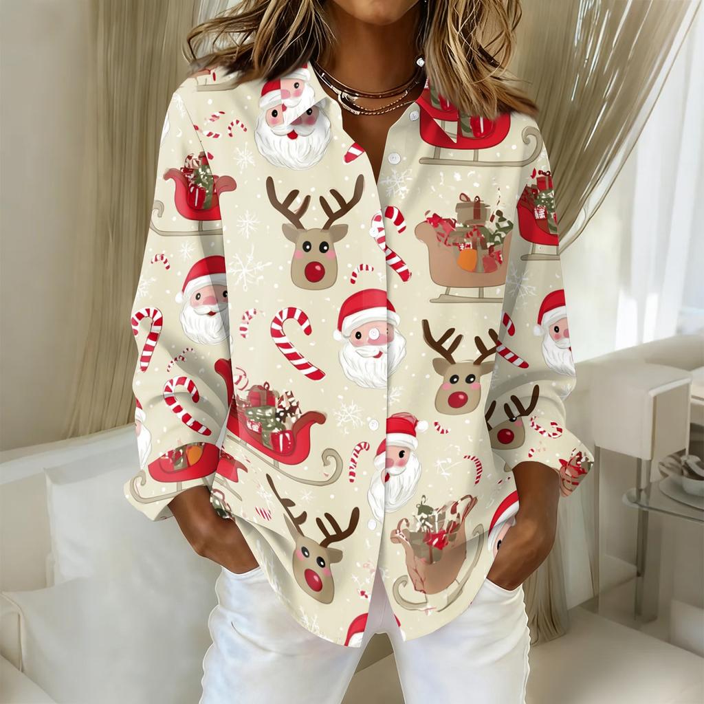 Women's Casual Christmas Print Long Sleeve Cardigan Top for Holiday Festive Wear