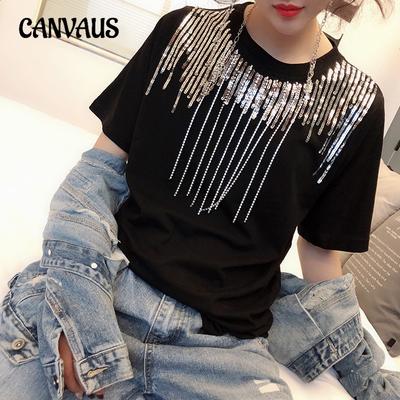Ladies Heavy Industry Sequins Rhinestone Tassel T-shirt Short-sleeved Spring and Summer New Loose Net Red with The Same Half-sleeved