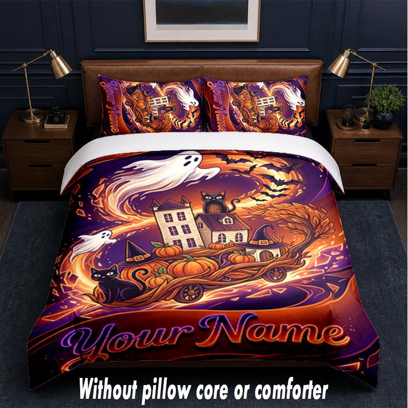 Halloween Theme Custom Text Or Name 3Pcs Bedding Set,1 Flat Sheet & 2 Pillowcases Personalized Home Bedding