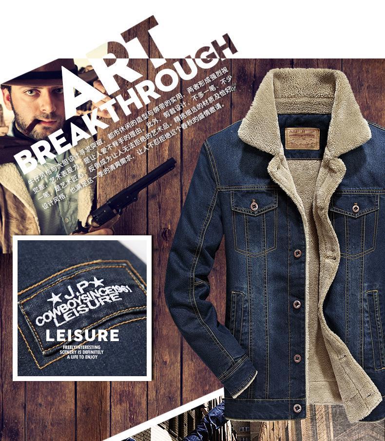 Men's Plus Size American Style Denim Jacket with Velvet Lining - Autumn/Winter, Loose Fit, Multi-Pocket, 7X