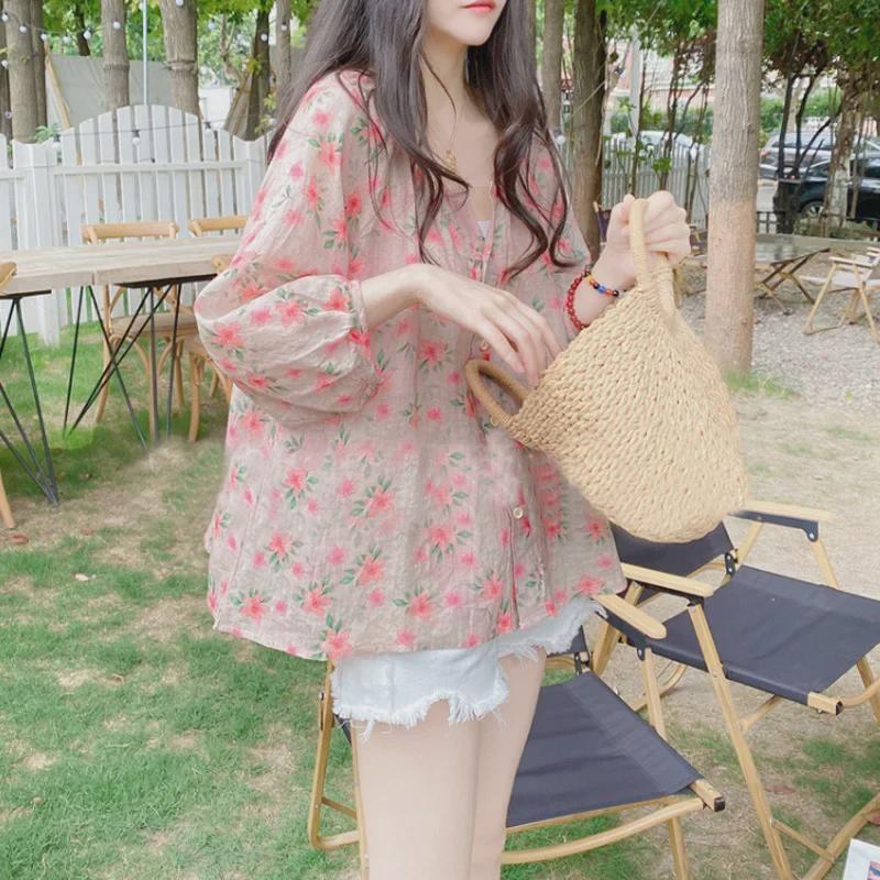 Women's 2024 Summer Floral Ramie V-Neck Lantern Sleeve Blouse