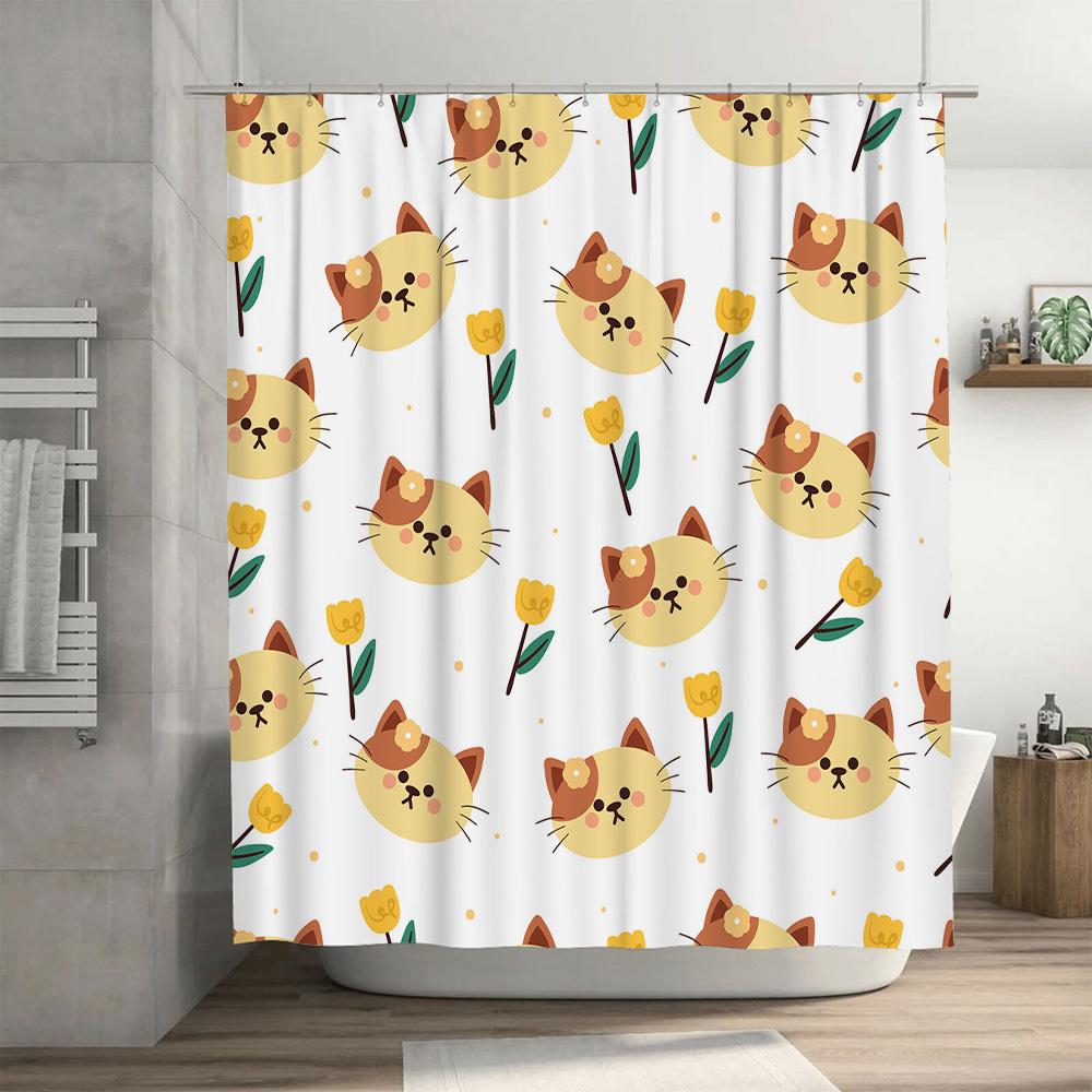 Kawaii Cats and Tulips Shower Curtain Bathroom Decor for Kids Room Modern Print Home Decoration