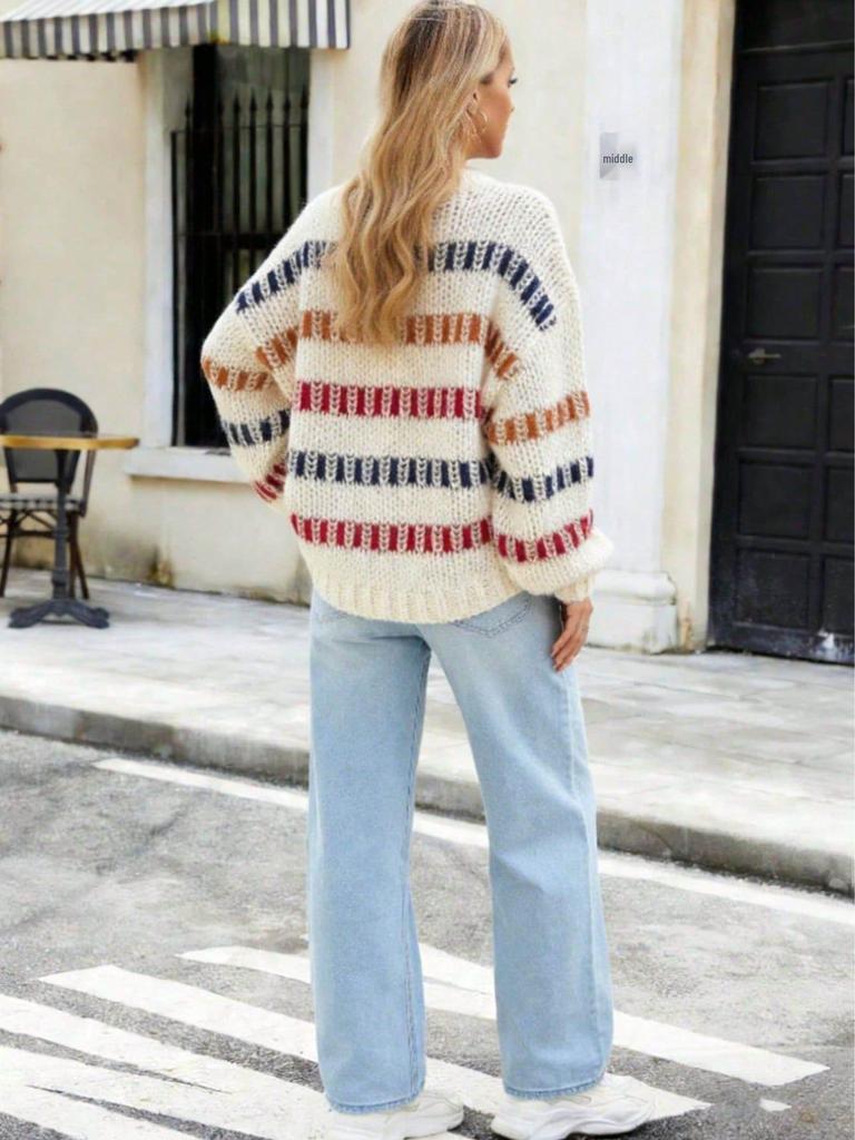 Wish Spring Women's Off-White Striped Loose Knit Round Neck Sweater