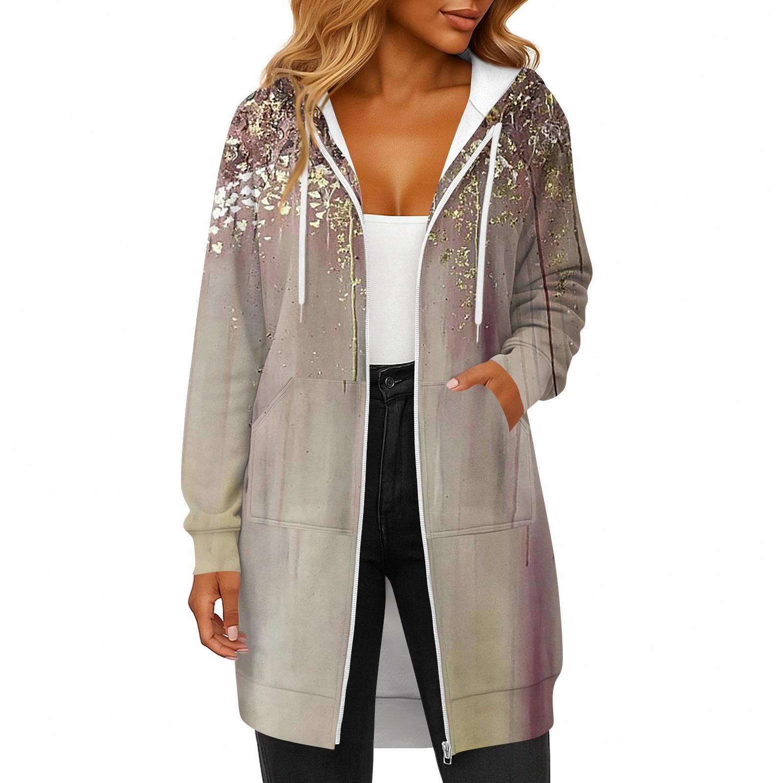 

Женская модная толстовка с длинными рукавами, принтом, капюшоном на кулиске, карманом на молнии, длинная, повседневная L