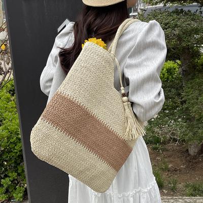 Mori Large-capacity Contrasting Color Splicing Woven Tote Bag Women's Niche Leisure Versatile Summer Vacation Shoulder Beach Bag