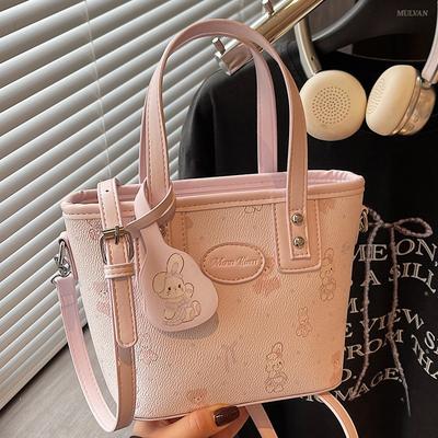 Textured Bucket Bag Women's New Cartoon Printed Portable Shoulder Bag Fashionable Splicing Commuter Messenger Bag