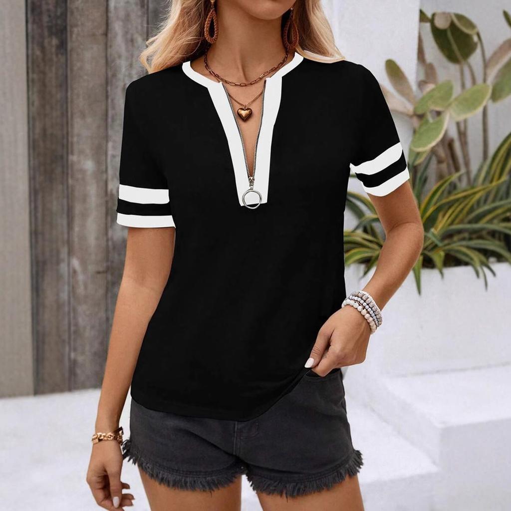 Women Summer  Top  Vacation Short Sleeve V Neck Loose Fit Shirt Spring Fashion Casual Clothes