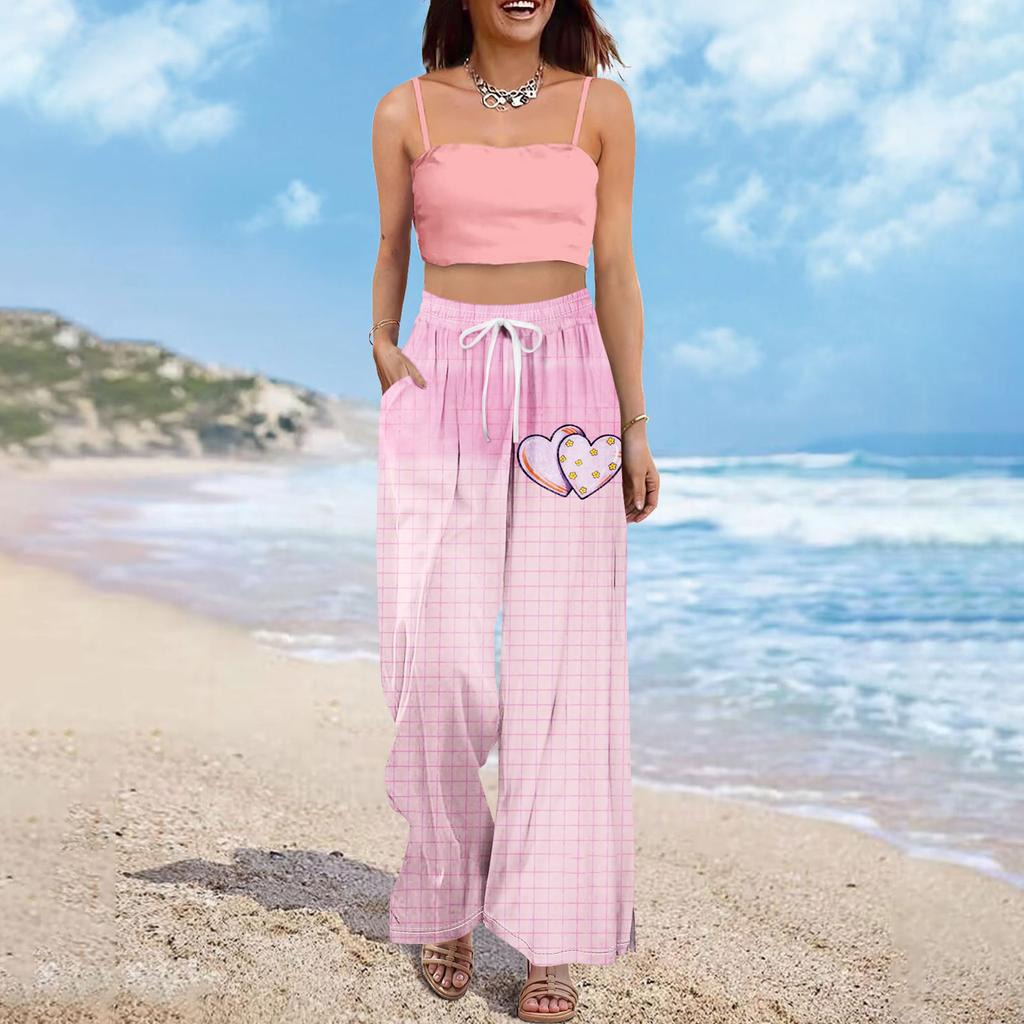 Pantaloni largi cu talie înaltă pentru femei, stil boho de vară, stil palazzo, cu imprimeu, casual, cu buzunare