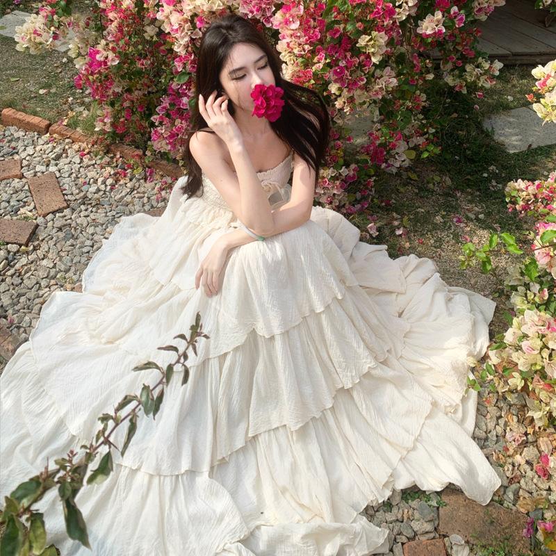 French Beautiful Seaside Vacation Neck Sling Dress Fairy Summer Birthday Engagement Evening Dress Beach Dress