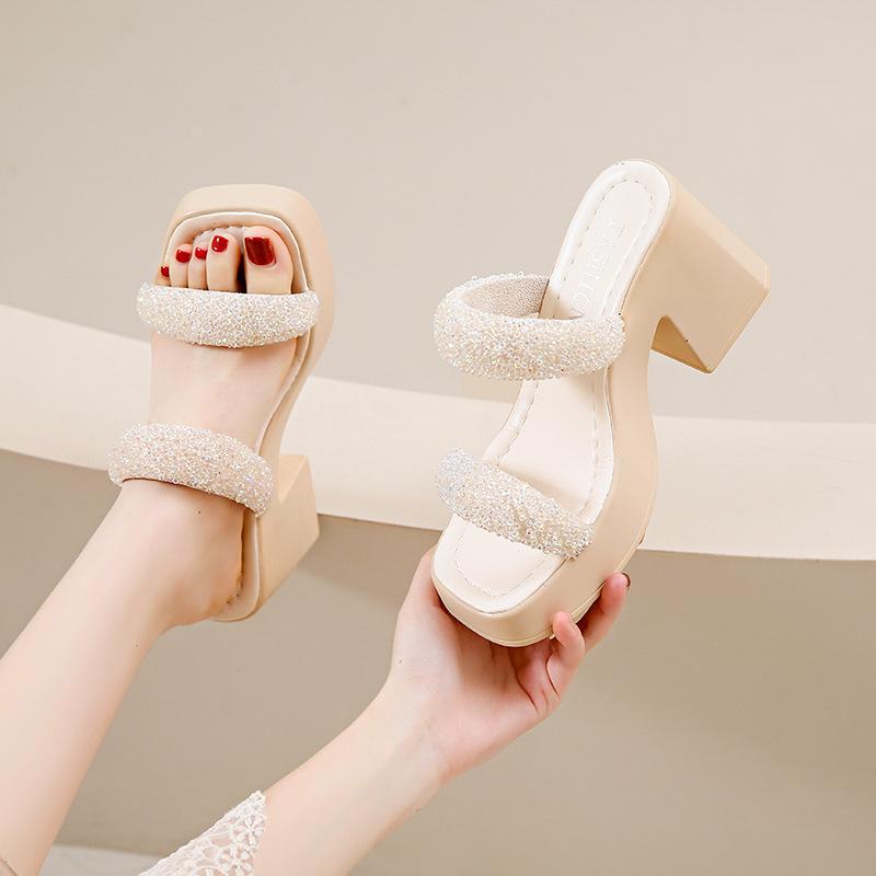 

Foreign trade cool slippers women s 2024 summer new Korean version open-toed one-character rhinestone lazy shoes platform slippers 35