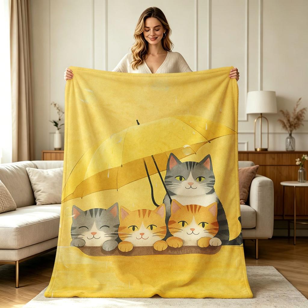 Ultra Soft Flannel Throw Blanket with Cute Cats Under Yellow Umbrella Rainy Day Warm Cozy All Season Blanket for Sofa Couch Living Room Bedroom Home D