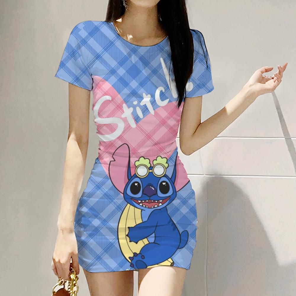 2026 Summer Disney Stitch 3D Cartoon Printed Girl Dress Short Sleeve Women's/Adult Parent-Child Dress Kawaii Beach Party Dress