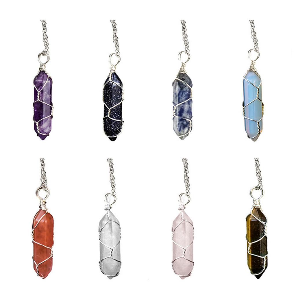 Hexagonal Crystal Spiritual Healing Stone Necklace Double Pointed Winding Wire Stone Jewelry Gift for Women Girls