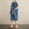 Sommer Baumwolle Hanf Retro Künstlerisch Knielanges Kleid für Damen