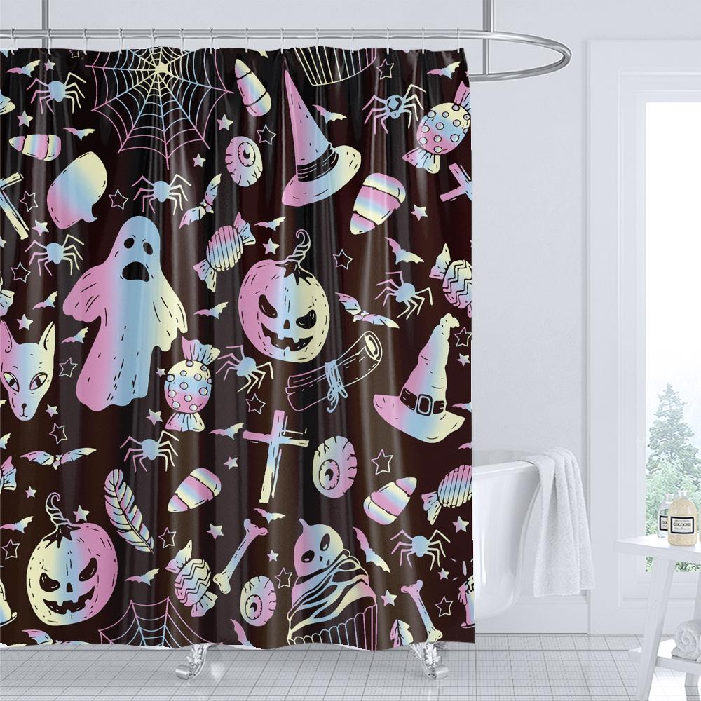 Halloween Shower Curtain Pumpkin Skull Ghost Cartoon Children Bathroom Curtain Bathtub Decoration Halloween Curtain with Hooks