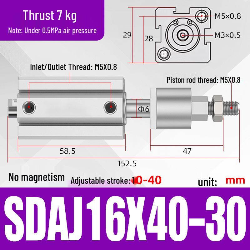 Adjustable Stroke Pneumatic Thin Cylinder - Piston Rod Sizes: 16/20/25/32/40/63