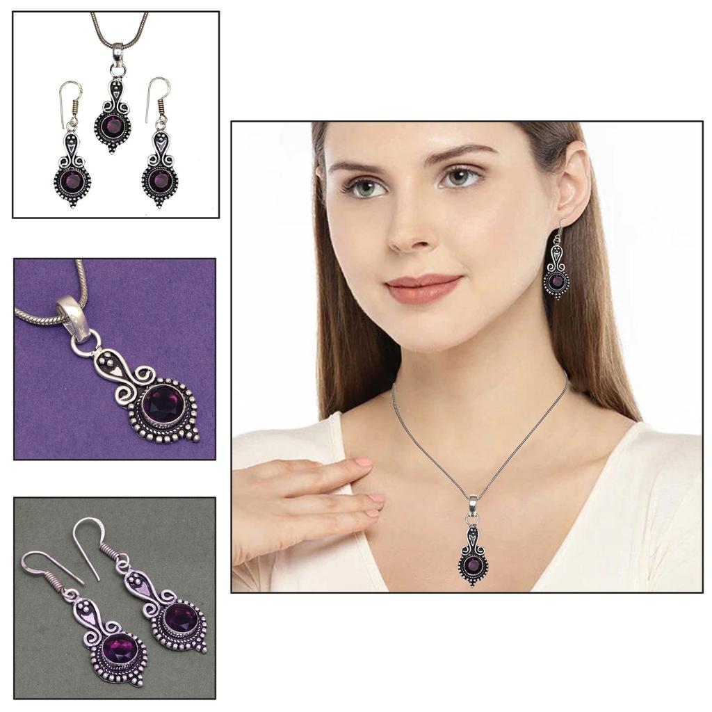 Set Amethyst Pendant Earrings Girls Earring Necklace Sterling