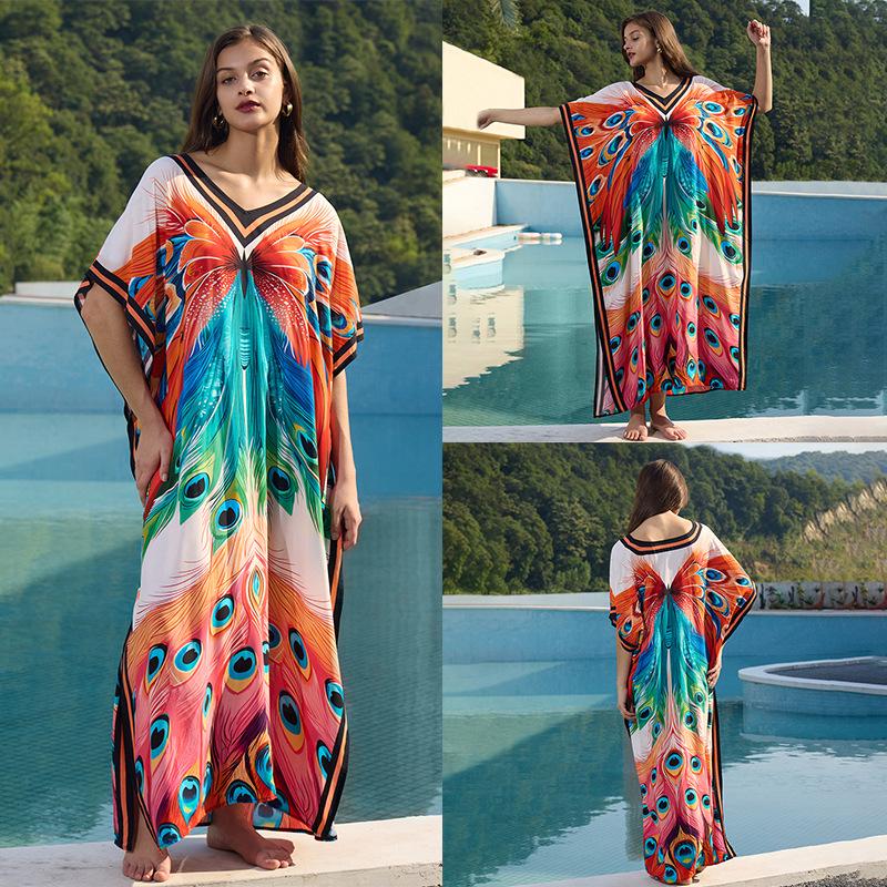 European & American Cotton Print Beach Cover-Up Long Dress - Plus Size Swimsuit Sunscreen Robe