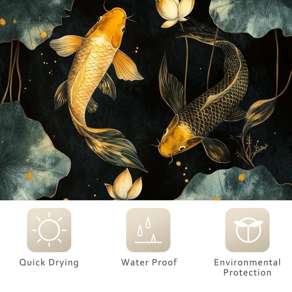 1pc Beautiful Dark Goldfish and Lotus Digital Print Shower Curtain, Machine Washable, Four Seasons Bathroom Decor with Hooks