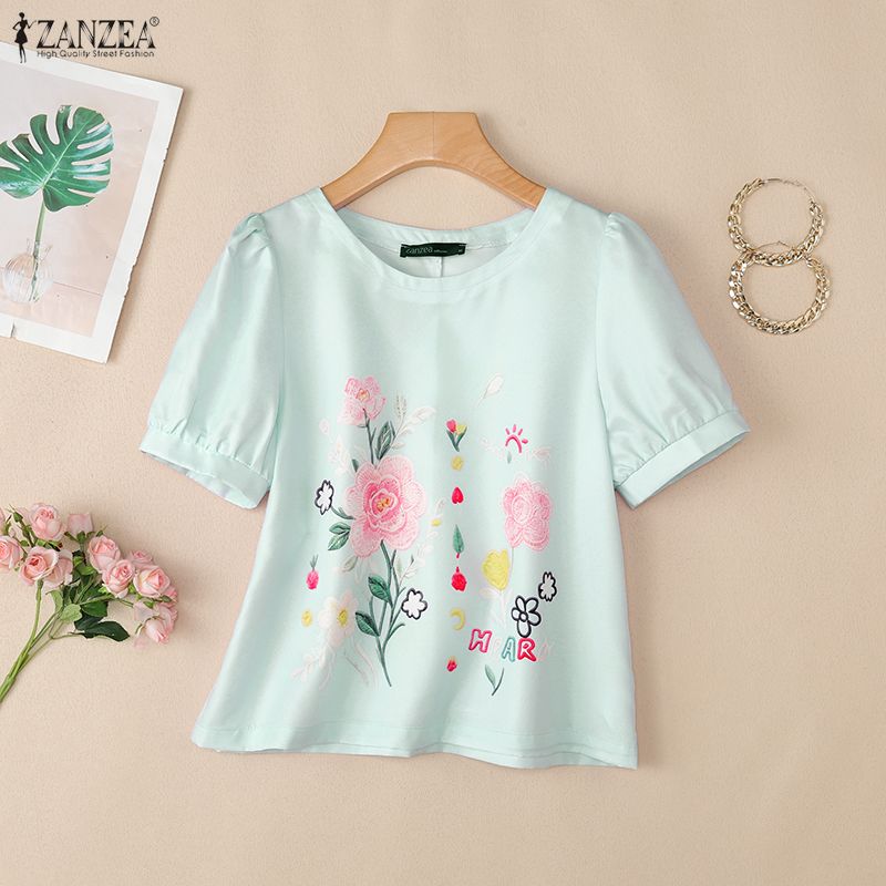 ZANZEA Women Casual Round Neck Short Sleeve Floral Print Blouse