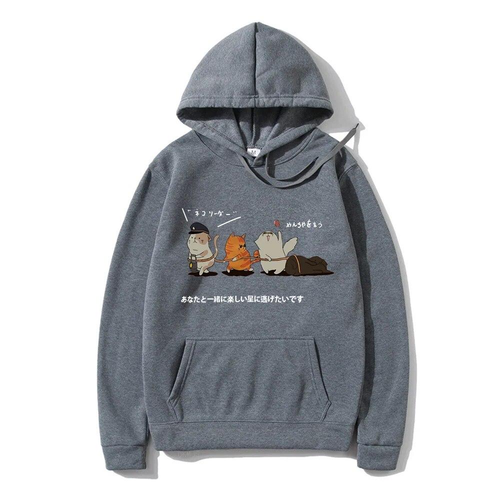 Men Hip Hop Unisex's Hoodies Streetwear Japanese Kanji Harajuku Funny Cat Unisex Hoodies Sweatshirts Autumn Winter Oversized Clothing