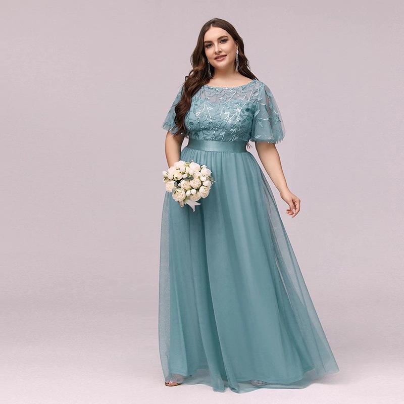 Elegant Plus Size Sequin Embroidered Evening Gown with Mesh Hem