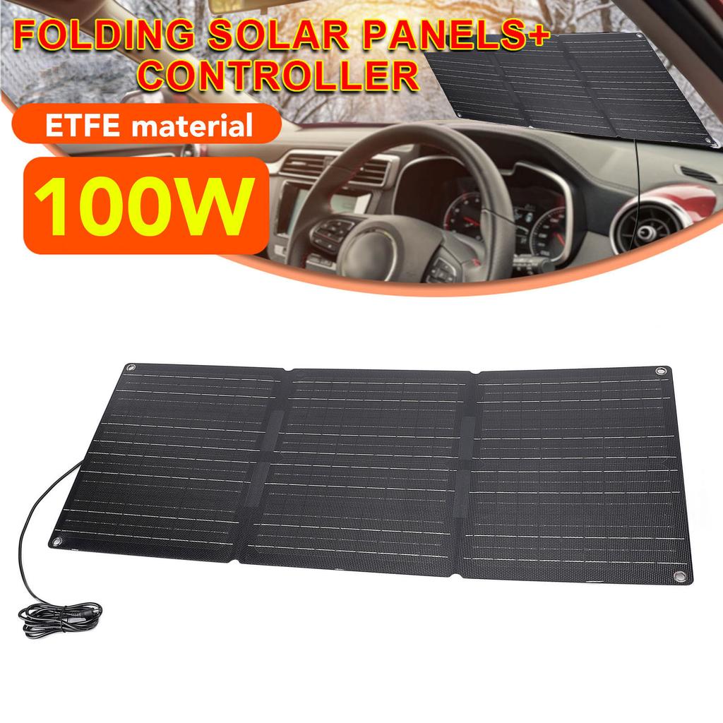 Kit de Painel Solar Dobrável Portátil 100W Controlador Solar 2 Saídas USB Suporte para Carregamento OBD de Carro Resistente à Água para Acampamento Viagem ao Ar Livre 3 Dobras