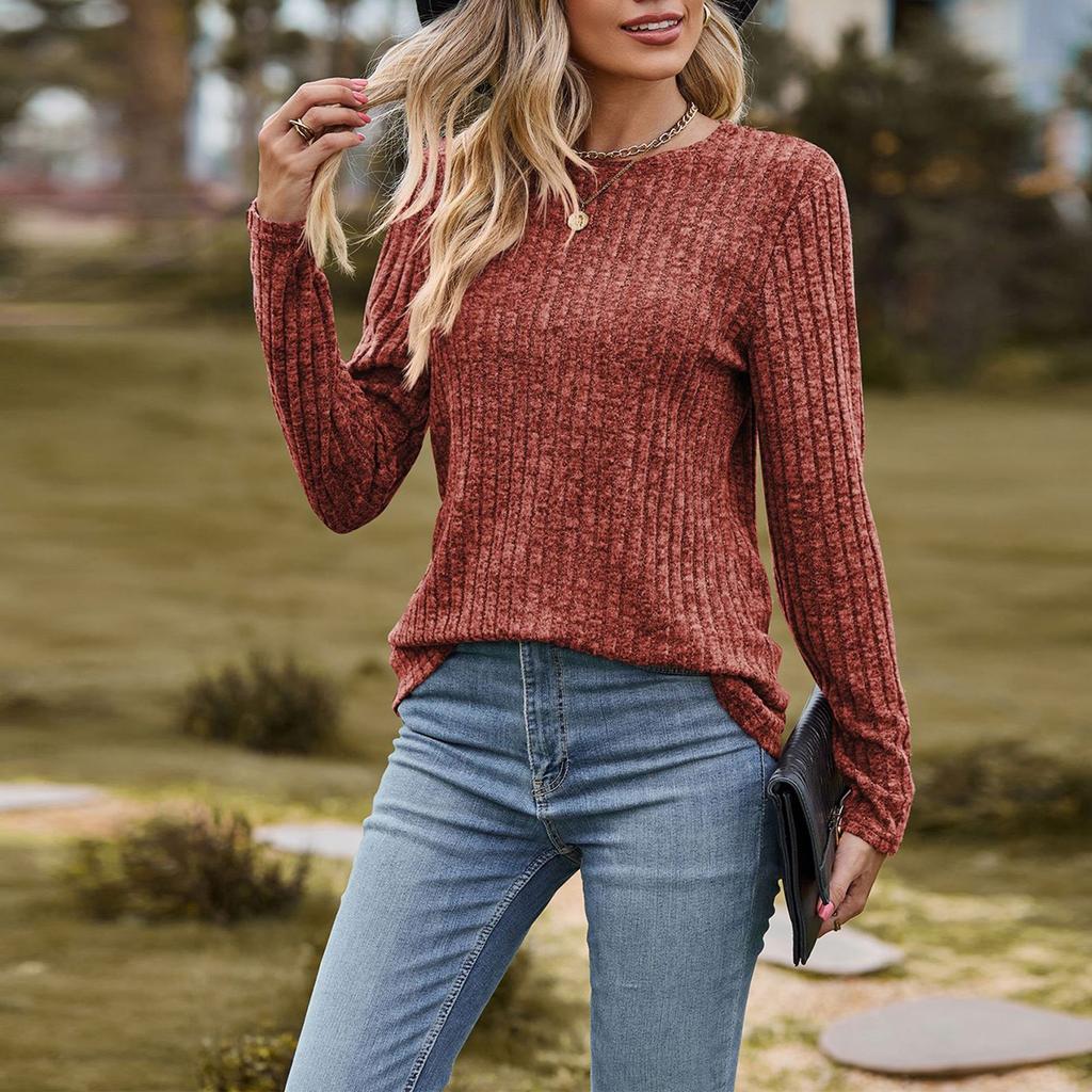 Women Fashion O Neck Long Sleeve Tops Knitted Ribbed Solid Color Autumn Spring Blouse
