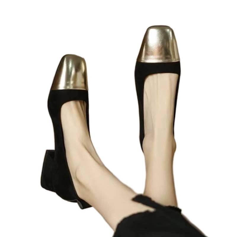 Retrostil enkelskor dam tjock klack låg klack Mary Jane skor professionella arbetsskor en pedal kontrasterande färg skarvning fyrkantig tå dam