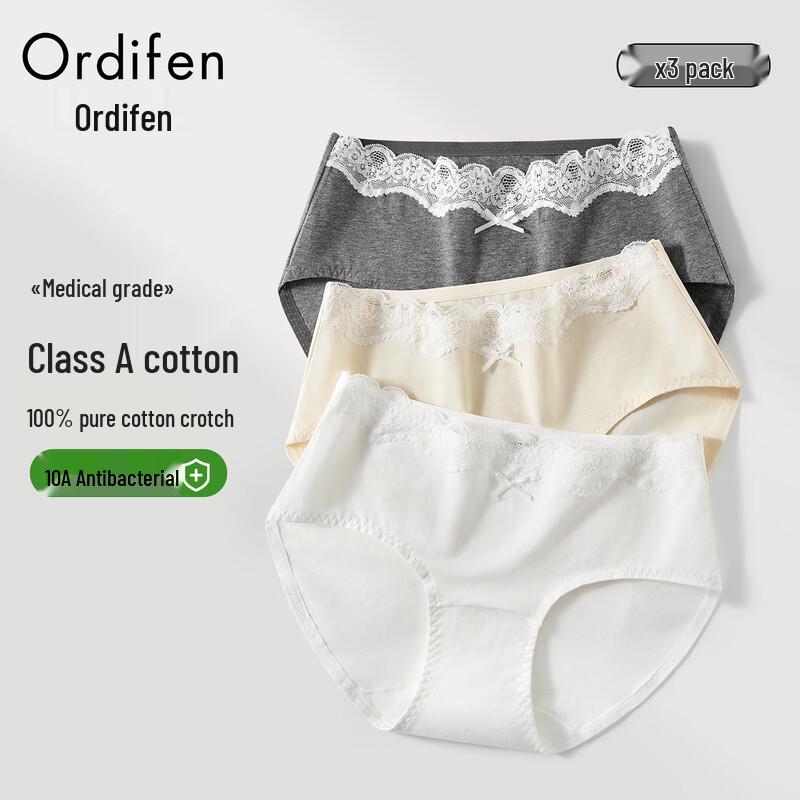 Odeifen Women's Pure Cotton Antibacterial Lace Underwear 3-Pack
