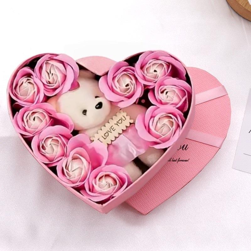 10 Artificial Flowers Valentines Day Gift For Her Rose Gift Box With Cute Bear Romantic Mothers Day Wedding Home Party Decor