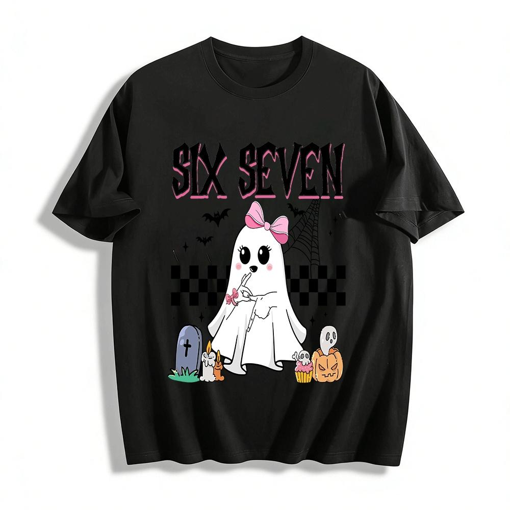 Halloween Cute Ghost Print Top Retro Checkerboard Festival Tee Pure cotton T-shirt XXS