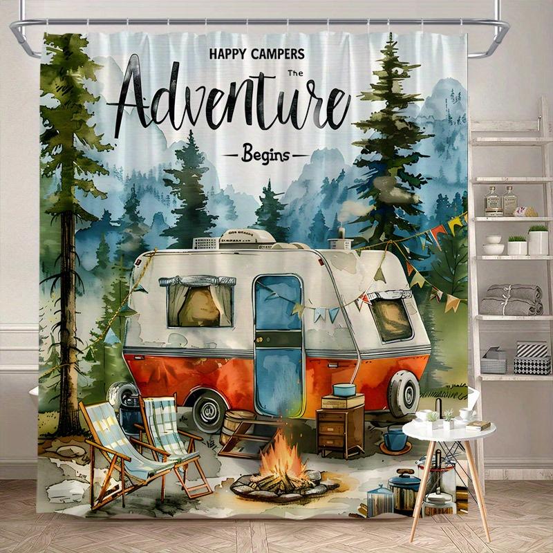 Vintage Camper Shower Curtain 180x180cm – Happy Campers, Machine Washable, 12 Hooks Bath decorative shower curtain