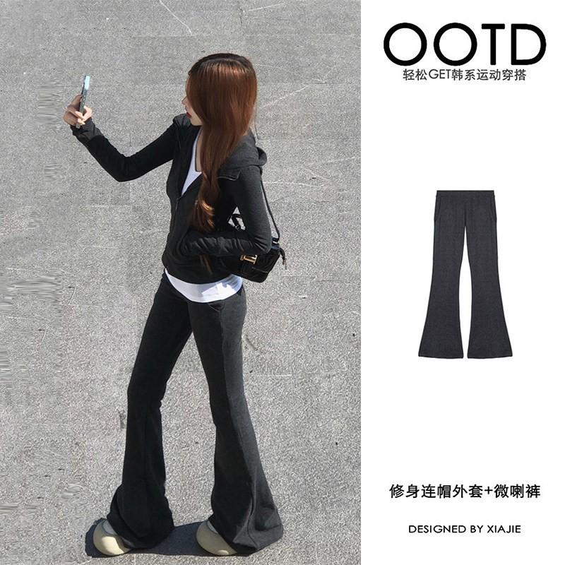 Womens Slim Fit Gray Hooded Sweatshirt Flared Pants Set 2026 Korean Style Casual 2-Piece Outfit