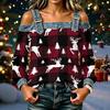 Women's Casual Off-Shoulder Long Sleeve Christmas Print Top for Holiday Parties