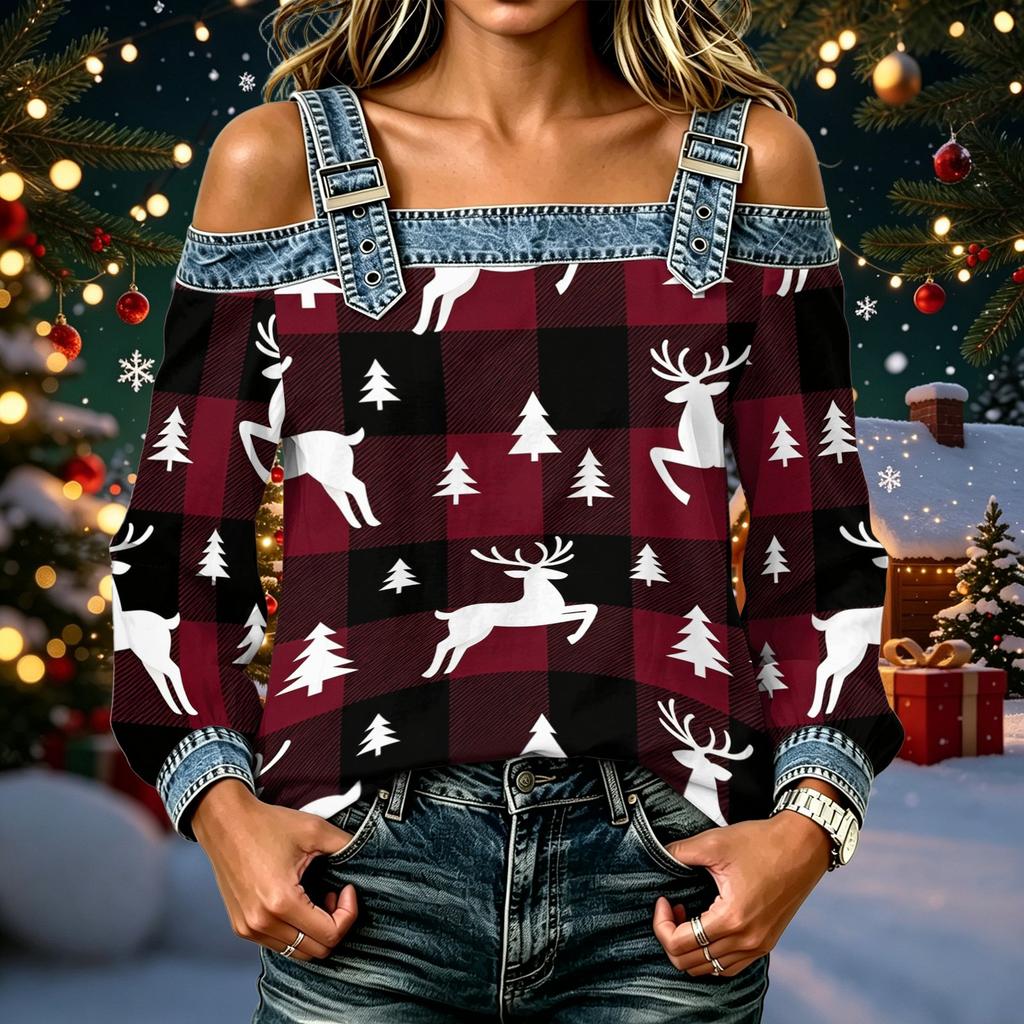 Women's Casual Off-Shoulder Long Sleeve Christmas Print Top for Holiday Parties