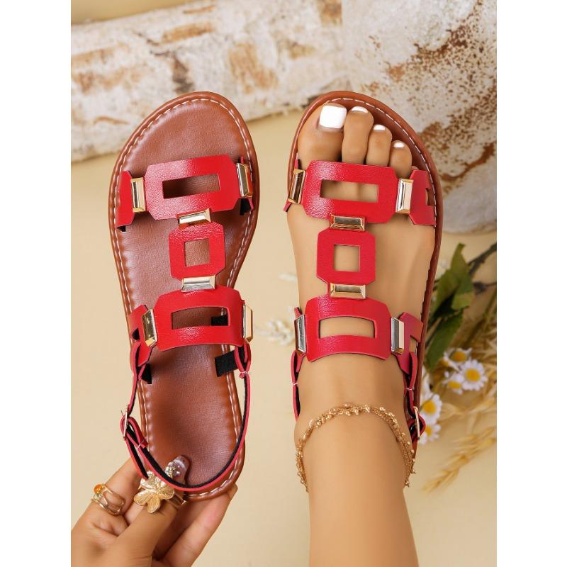 Large Size Belt Buckle Flat Bottom Hollow Sandals Women's Fashion Versatile Outer Wear Solid Color Beach Sandals Wish