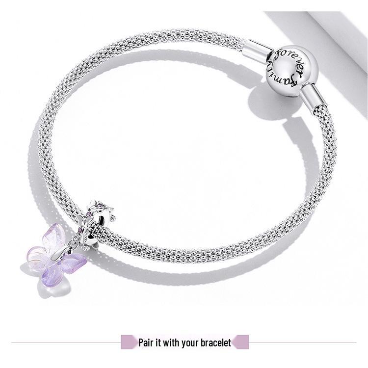 Everjoy S925 Sterling Silver Glass Butterfly Pendant & Insect Charm Bracelet
