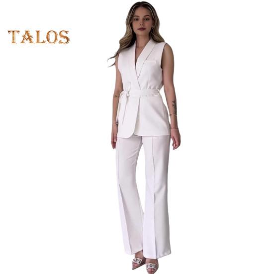 2 Teile/satz Frauen Mantel Hosen Set V-ausschnitt Schnürung Schlanke Taille Mittlere Länge Strickjacke Ärmellose Jacke Breites Bein Hohe Taille Gerade Hose Dame Formale