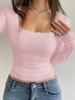 Sexy U-Neck Lace Bow Slim Fit Long Sleeve Y2K T-Shirt for Spring & Autumn