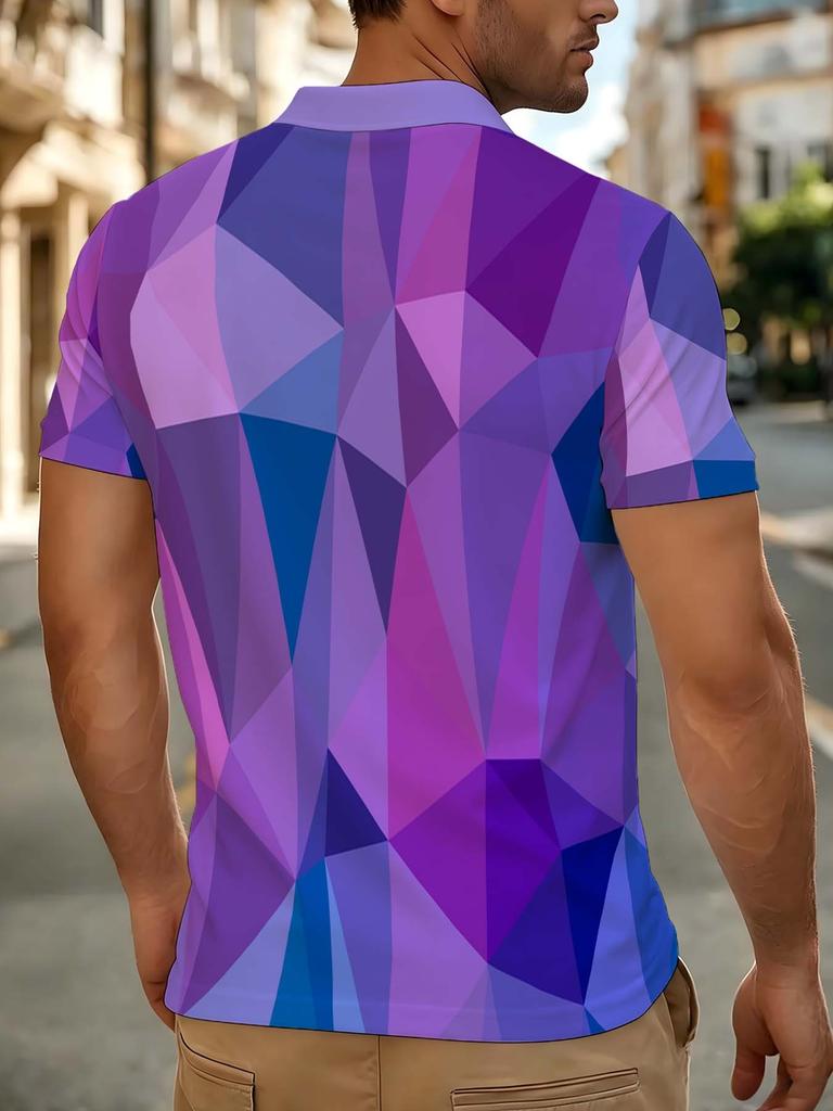 [Printed Design – Not Textured] Light Purple Collar with Purple-Blue-Pink Gradient Polygonal Geometric All-Over Print Men's Short Sleeve Polo Shirt