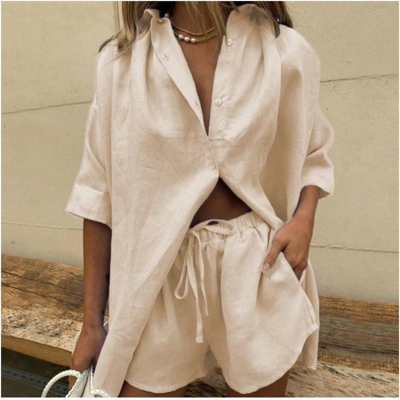 Damen Unifarbene Kurzarmhemd Shorts Lässiges Set
